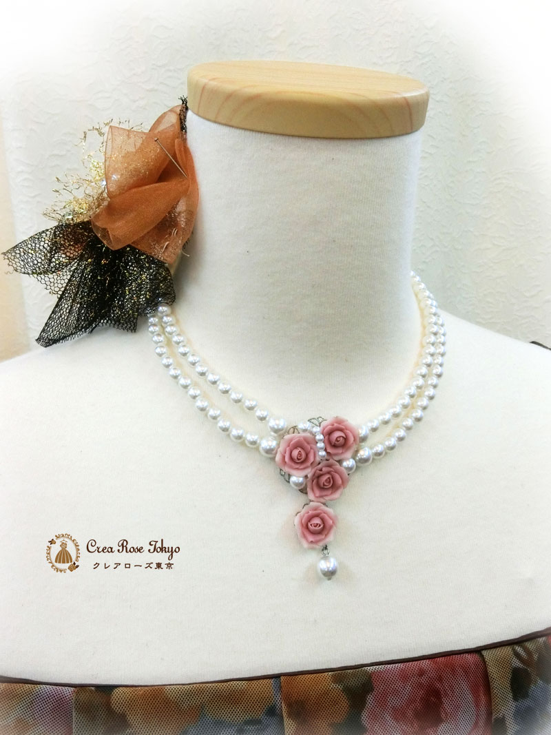 [ロドリアピンク]薔薇のパール２連ネックレス