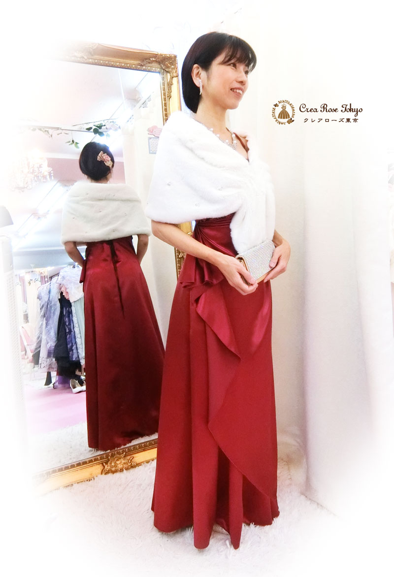 二点セット！[ビバレッド+ホワイトパールファーショール]ミセスの方におすすめ　当店オリジナルドレープ赤ロングドレス