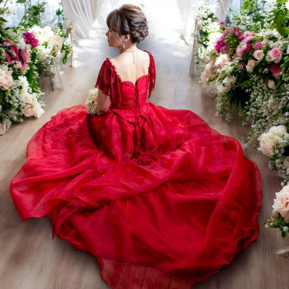 還暦のお祝いにも♪袖付きロングドレス♪【ピアソラルージュ】シックなレッドと大きな薔薇が舞台上で輝く演奏会用ドレス