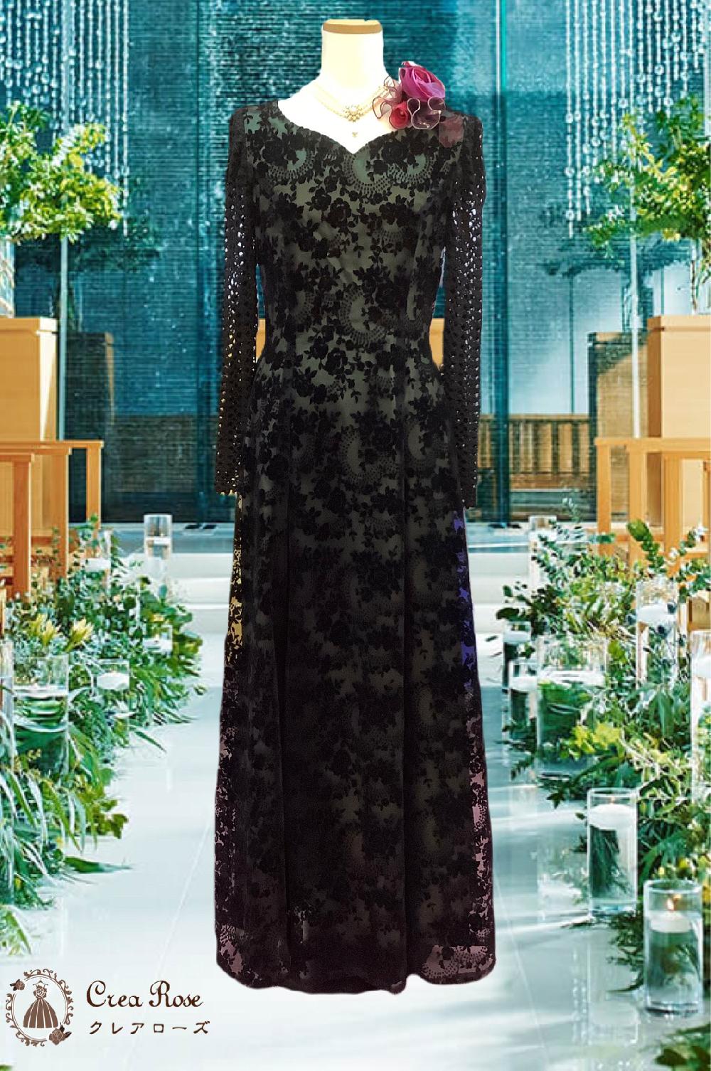 レースとカットベルベットが織りなすゴージャスなドレス【ヨーロピアーナドレス】ブラックでも華やかな装い