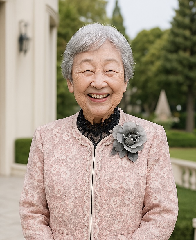 7〜９号の低身長の方向け首元がエレガントに隠れる細身の祖母様ドレス【サンテ・クワイエ＋ミーラスピンクジャケット＋ブラックネックヴェール】親族結婚式叔母様のドレスにも♩