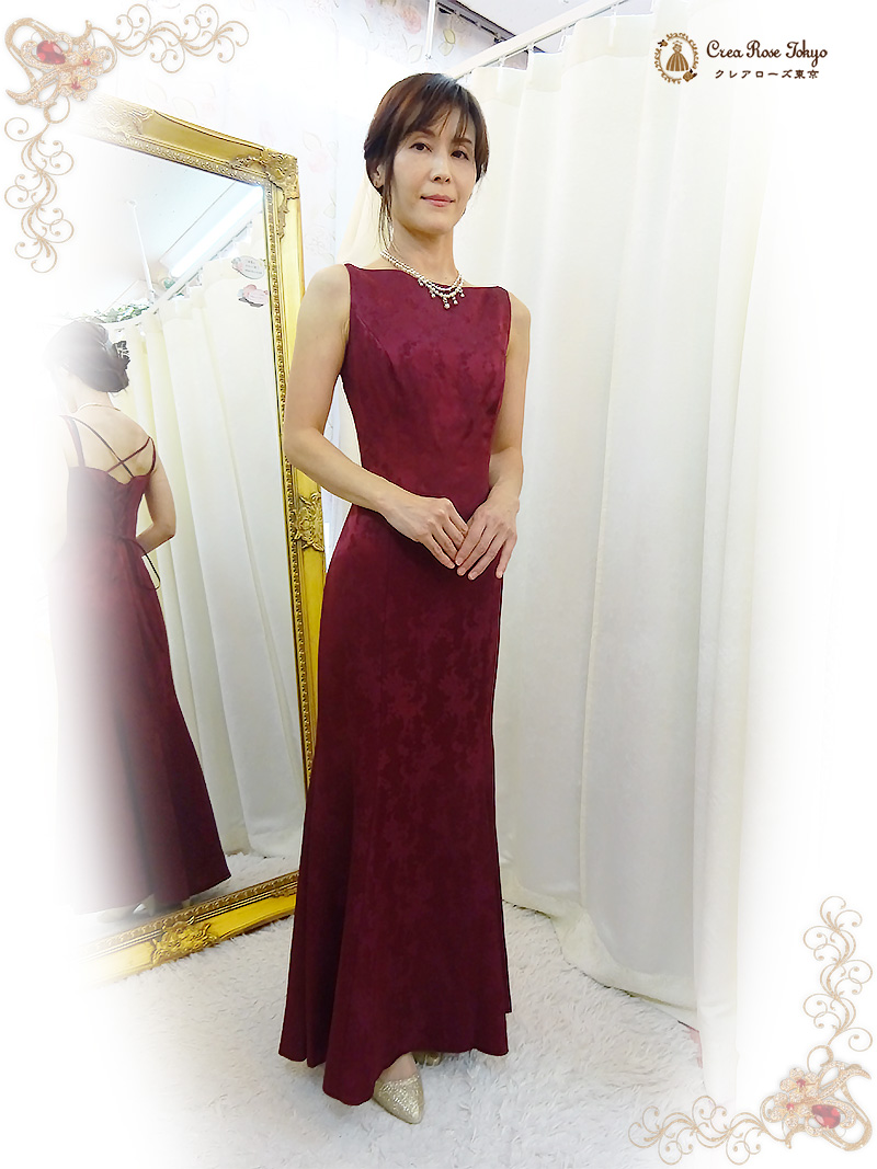 赤イブニングドレス7～9号（細身）の方、落ち着いた紅色が映えるスレンダーロングドレス【シャマーラレッドドレス】ヤングミセスの発表会やパーティーに