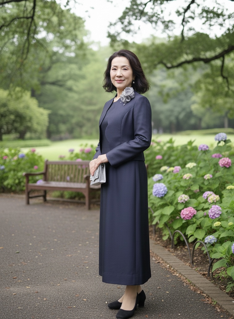結婚式、入学式、卒業式、ミセスのフォーマルレンタル！[スナイデルドレス+スナイデルジャケット]ネイビーの品のあるロングミディアムドレス