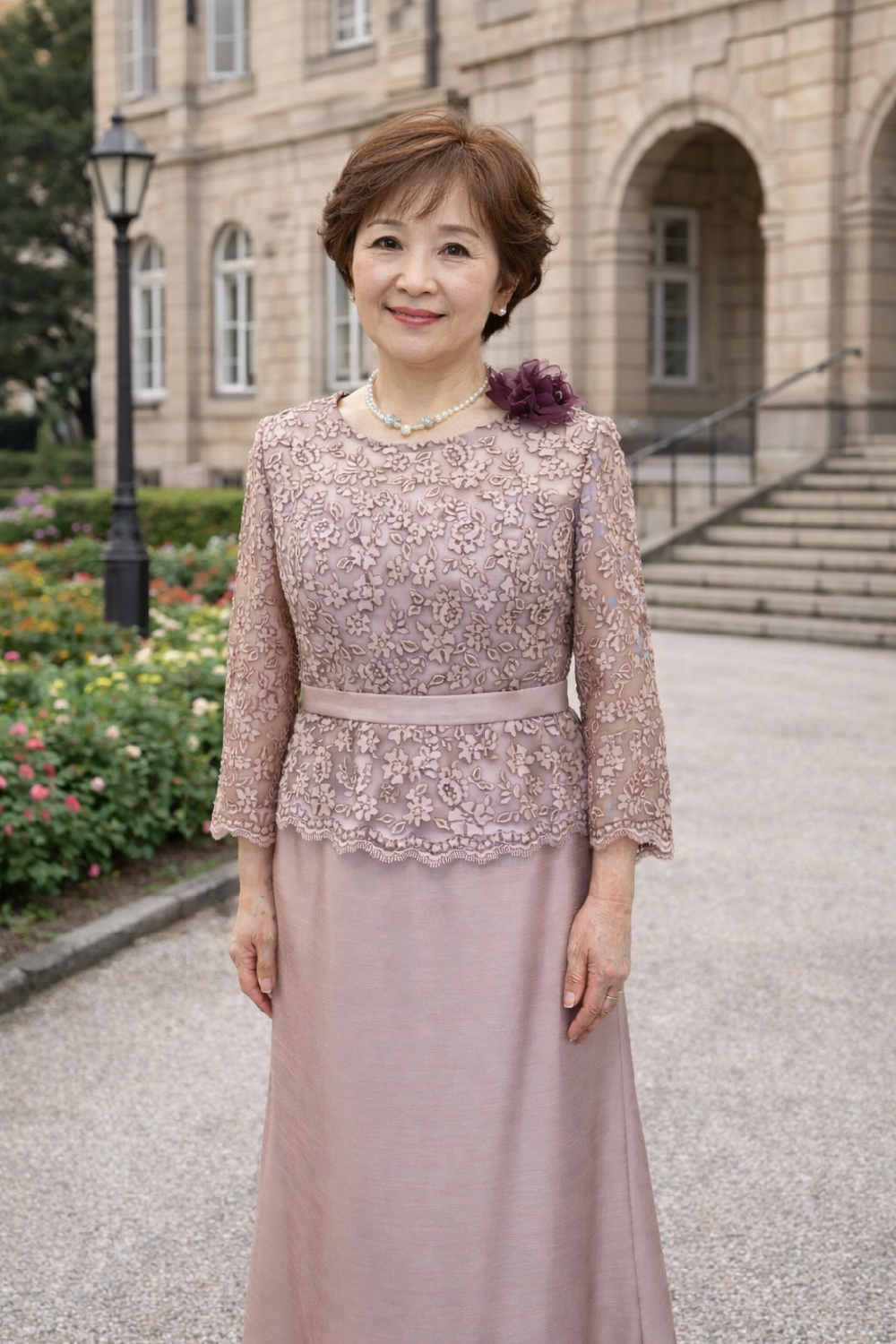 (販売可能)高級クレアローズオリジナル正礼装【メディウスノーブルピンクドレス】上品ピンクの花柄が晴れの日に彩を添えるフォーマルコーディネート