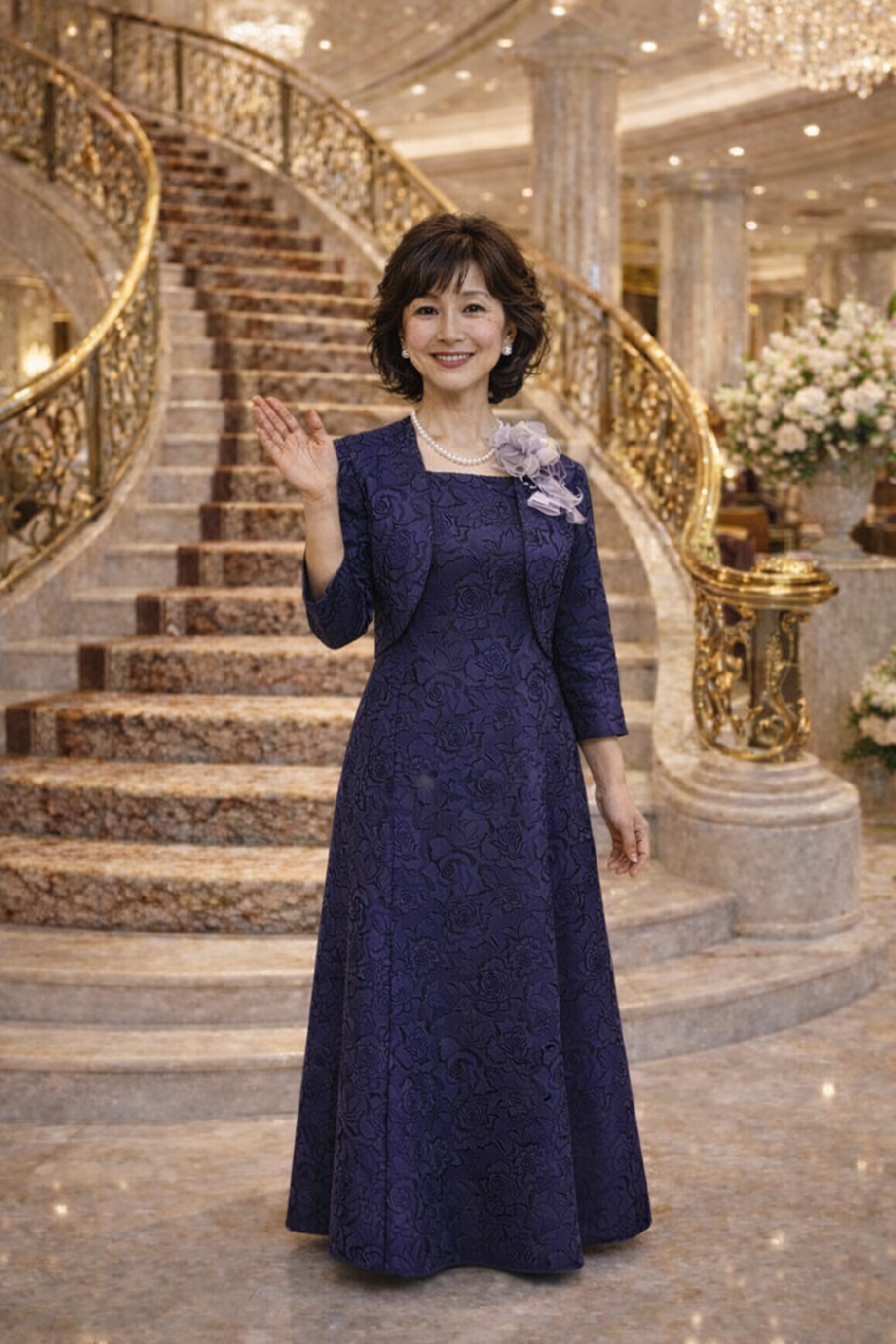 (販売可能)大輪の薔薇、人気のネイビー正礼装【スカーレットローザネイビードレス＋ボレロ】華やかさと品を感じるオリジナル高級正礼装7−9号