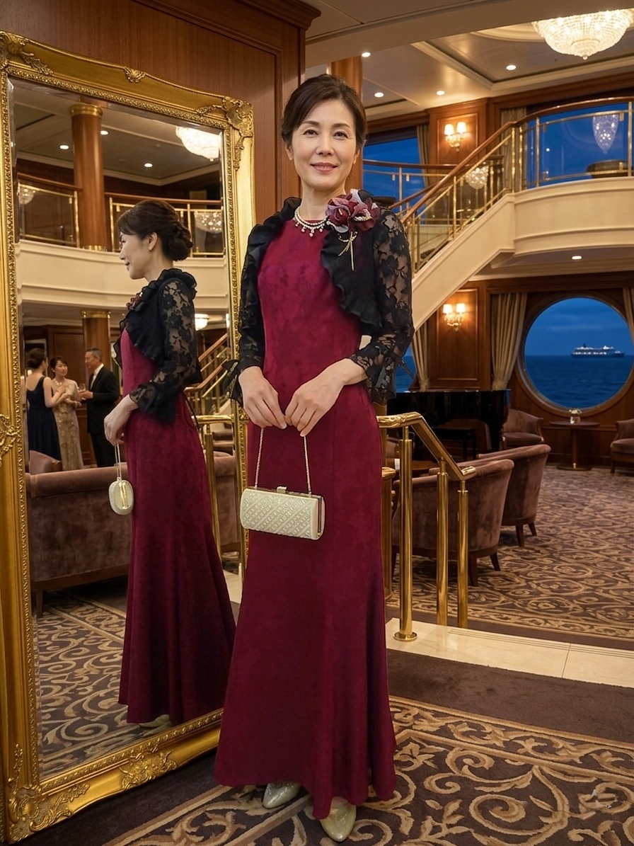 クルーズパーティーに。紅のスレンダードレスと黒いレースボレロのイブニングロング2点セット【シャマーラレッドドレス＋ブラックレースロングボレロ】ミセスのパーティードレス