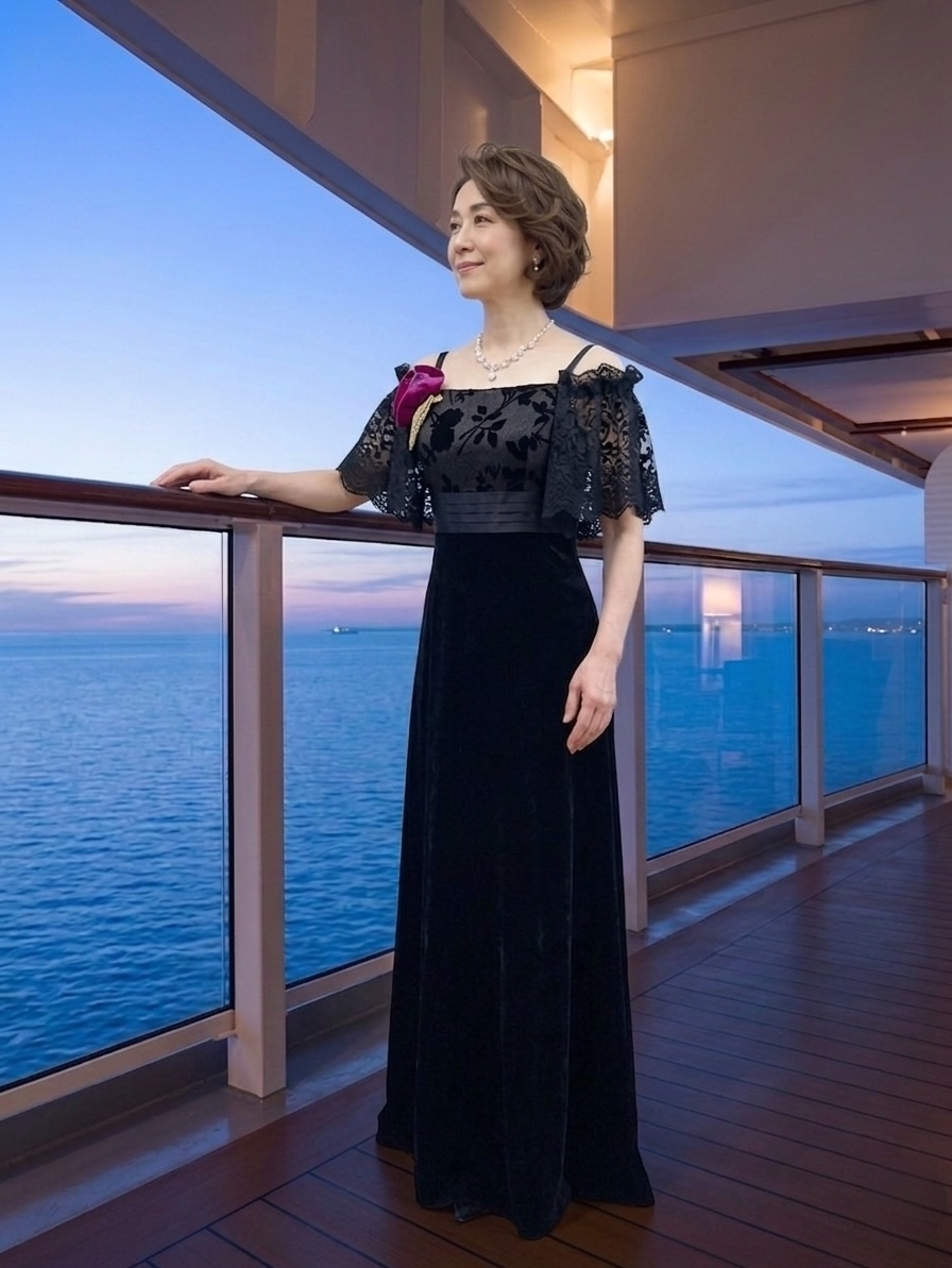 クルーズパーティー袖付きロングドレス　ミセスのドレス【カポックドレス】シックなブラックが上品さを演出する袖付きロングドレス