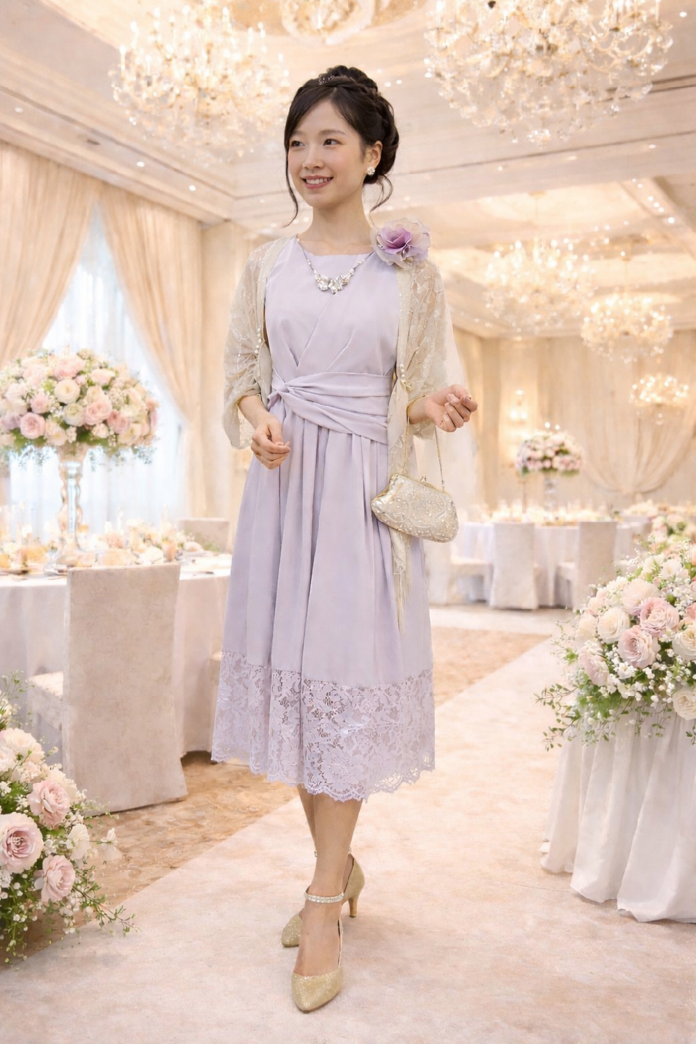 9〜11号の方、淡いパープルのミディアムドレスと黄金のショールで神秘的な美・付属ネックレスとの3点セット【パープリッシュドレス＋ジュディショールゴールド】30〜40代の方の発表会やパーティーに