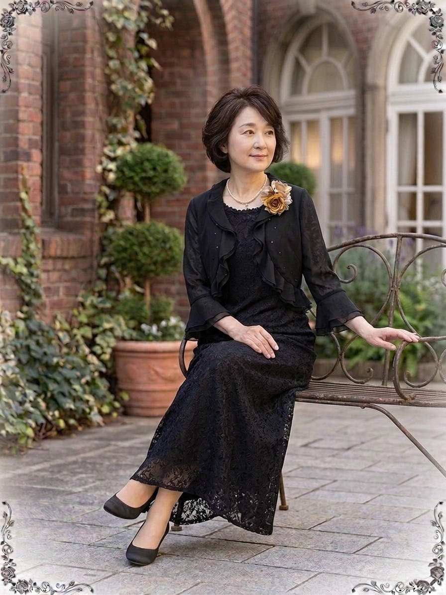 サイズ各種ご用意 立体薔薇模様の編み上げドレス2点セット！【ミディパティオ＋ブラックベリカボレロジャケット】母親＆親族ドレス