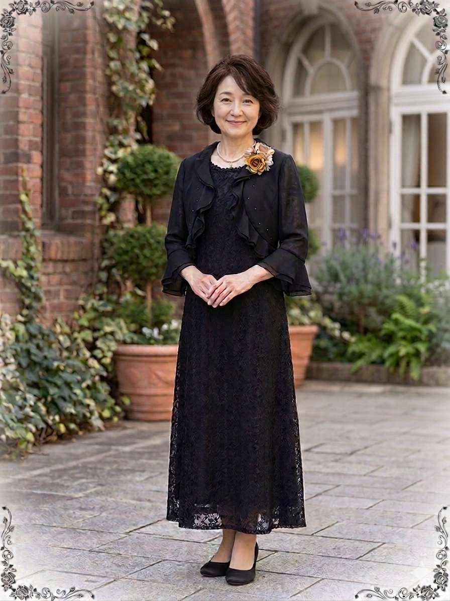 サイズ各種ご用意 立体薔薇模様の編み上げドレス2点セット！【ミディパティオ＋ブラックベリカボレロジャケット】母親＆親族ドレス