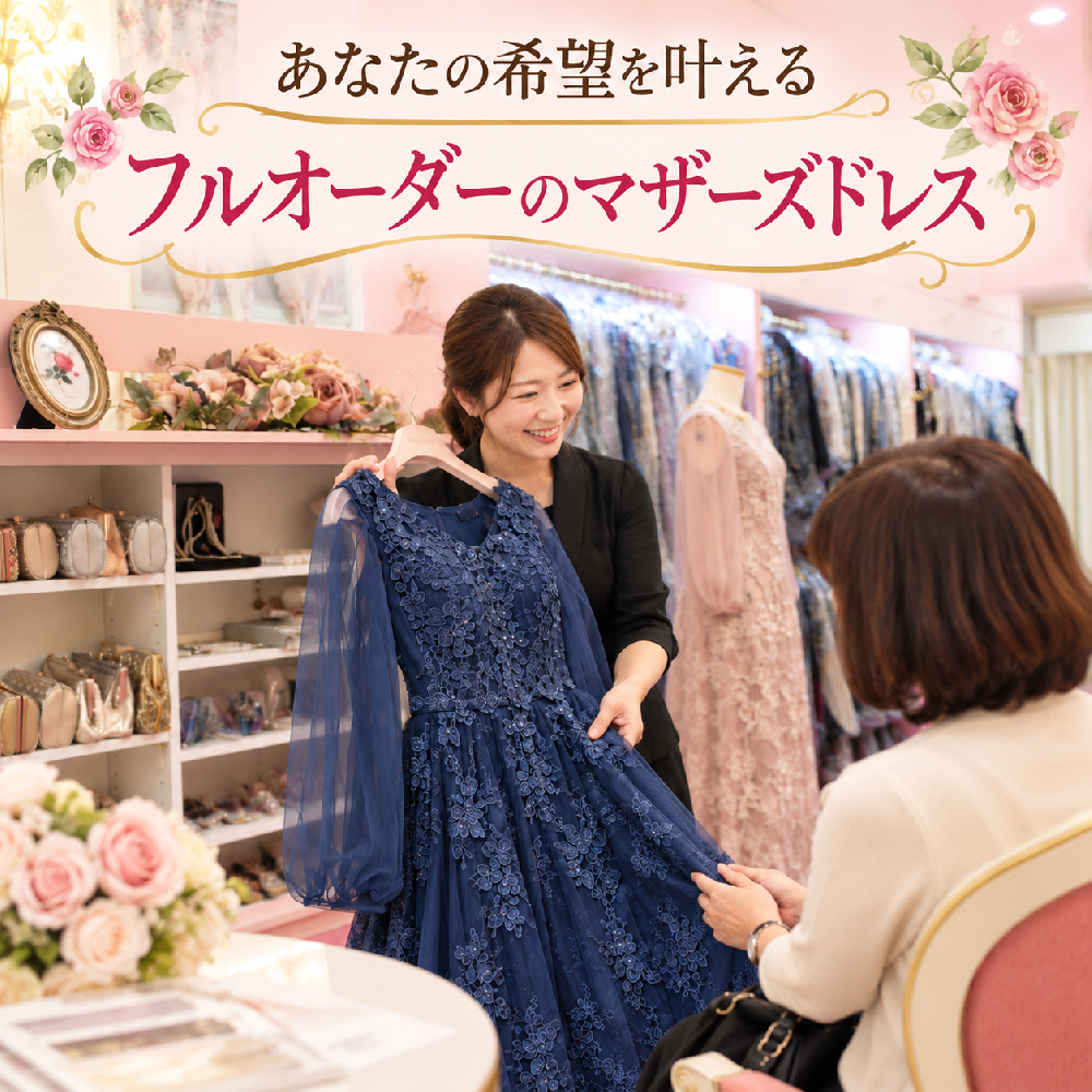 フルオーダーマザーズドレス!ご希望を全て詰め込んだお母様のためにドレスをお作りします。自分色で作る、マザーズドレス!お母さんへのプレゼントも♪自分のためにドレスを作る、クレアローズ オリジナル:ミシェルドレス